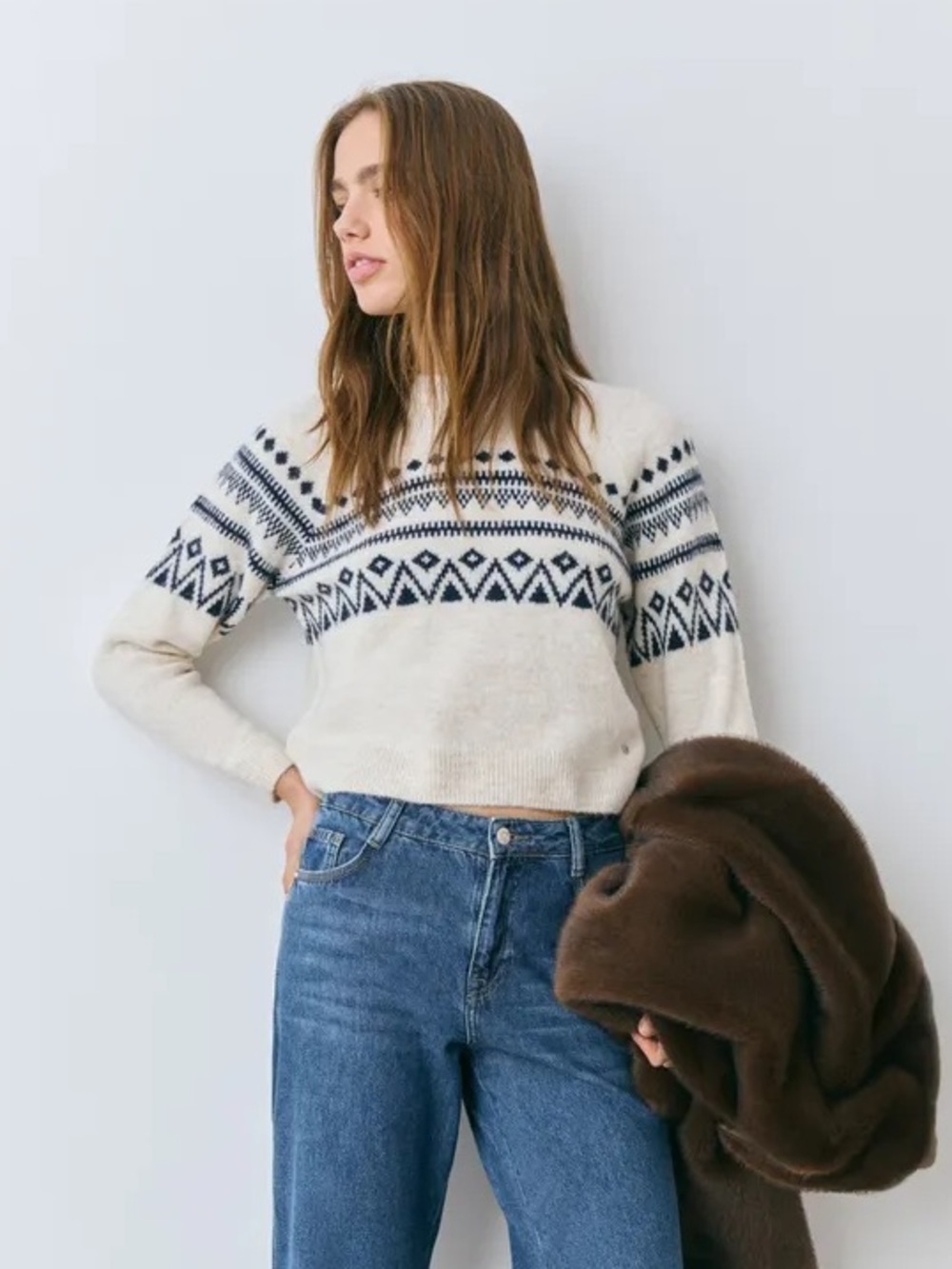 Brownie Spain Jacquard Women’s Sweater in Off-White With Blue Design - Size XS